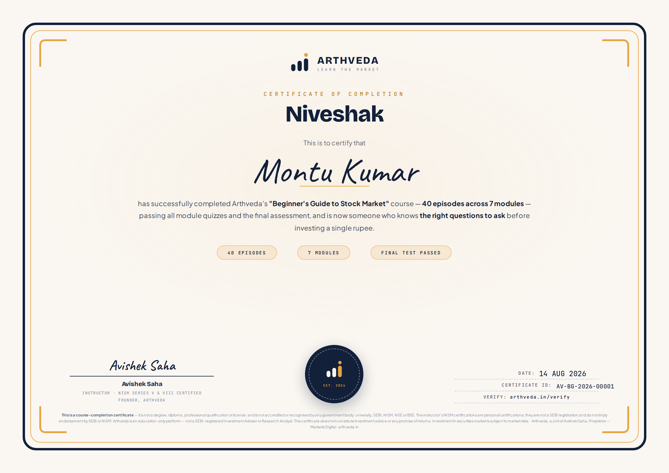 ArthKatha Niveshak Certificate of Completion